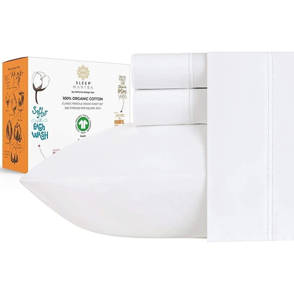 Sleep Mantra Organic Cotton Bed 6 piece Sheet Set-Crisp Cooling White King